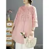 Blusa bordada de algodão e linho estilo chinês, nova coleção de verão feminina, corte solto, mangas de três quartos, gola mandarim, comprimento médio