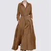 2026 Transfronterizo Aliexpress Primavera/Verano Sin Cinturón Color Sólido Holgado Manga Larga Solapa Vestido Casual Cómodo y Transpirable