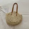 Nova Bolsa de Palha Redonda Vazada Floral, Bolsa Casual Trançada de Corda de Papel, Bolsa de Praia Feminina Estilo Floresta, Bolsa de Mão Feminina