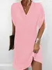 Vestido feminino transfronteiriço de gola V, corte reto solto, com fenda, design ombro a ombro, mangas curtas, cor sólida, simples e de comprimento médio