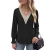Amazon Comercio Exterior Transfronterizo Europeo y Americano 2026 Otoño e Invierno Nuevo Color Sólido Cuello en V Encaje Patchwork Holgado Manga Larga Camiseta Top
