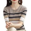 Camiseta de manga corta tejida a rayas de color contrastante con cuello redondo para mujer, novedad de verano 2023, versátil, estilo coreano, holgada, de hilo de algodón, de media manga