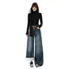 Calça Jeans Bootcut de Cintura Alta Azul Escuro para Mulheres no Início do Outono com Bordado no Bolso Traseiro Solta de Lã Veludo Fino Flare Comprimento Total