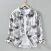 Camisa de Manga Larga Estampada Simple de Lino Lyocell para Primavera y Otoño, Camisa Casual de Moda Holgada para Hombres Jóvenes