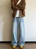 Jeans de sarja lavada com padrão de bambu estilo americano para homens 2026, unissex, retrô, moderno, modelagem solta, calça longa versátil de perna larga