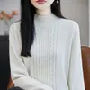 Nuevo suéter de punto trenzado 100% algodón puro de cuello medio alto para mujer, otoño e invierno, holgado, grueso, cálido, de manga larga, capa base