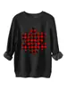 Amazon Wish Site Independente Moda Casual Versátil Feminino Xadrez Preto e Vermelho Floco de Neve Espesso Quente Gola Careca Moletom