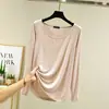 Camiseta modal de algodón fina de cuello redondo estilo coreano para mujer, de manga larga, talla grande, camiseta básica, nuevo top holgado de color liso para principios de otoño