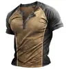 Camiseta Masculina de Venda Quente no Comércio Exterior Transfronteiriço, Manga Curta, Abertura Frontal, Sete Botões, com Estampa Digital 3D, Camiseta Versátil Casual