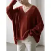 Suéter de Mohair Sintético con Cuello en V para Mujer Otoño Temprano Holgado Perezoso Suave de Punto Hueco Top Pulóver