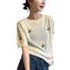Blusa de Tricô de Seda Gelada com Manga Bufante e Bordado Floral para Mulheres, Estilo Europeu 2026 Nova Moda Primavera Base Feminina Europeia Tendência