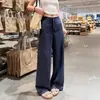 Calça Wide Leg de Linho Tencel Azul Marinho para Mulheres, Verão 2026 Fina Antirrugas Fluida Respirável de Perna Reta Comprimento Total