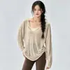 Conjunto fitness, top de yoga soltinho, capa atlética casual e modeladora, decote V, respirável, top de manga longa para treino de Pilates