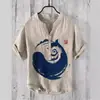 Patrón Verano Delgado Transfronterizo Estampado Digital Cuello en V para Hombre Pulóver de 3 Botones Casual Lino Polo