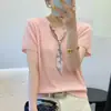 Top de Punto para Mujer con Escote en V y Mangas Cortas, Bufanda de Seda Romántica Estilo Francés, Nuevo Versátil Delgado Ligeramente Transparente para Verano 2026