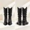Nuevas Botas Vaqueras de Mujer para Otoño e Invierno con Punta Fina, Tacón Grueso, Diseño Plisado, Botas Vintage de Media Caña, Botas de Moda Versátiles para Mujer