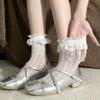 Meias de Renda Estilo Ballet Meia-Canela para Mulheres Lolita Meias Arrastão com Recorte de Coração Meias de Veludo Finas Série Miu para Verão