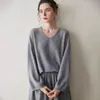 ¡Suave y sofisticado! Suéter de cachemira de corte holgado con borde enrollado para mujer, capa base de punto con cuello en V, top simple y versátil