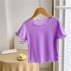 Camiseta de verano para niña estilo coreano color caramelo manga corta encaje seda de hielo versátil hermanas top oreja de madera