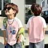Camiseta de Manga Corta con Bloques de Color Estilo Coreano para Niños y Niñas, Versátil Camiseta Básica Casual de Verano con Cuello Redondo y Estampado de Dibujos Animados para Niños Mayores