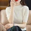 Camisa básica de punto a la moda, versátil para primavera y otoño, nuevo top ajustado de cinco mangas, cuello medio holgado, estilo de mujer de manga media
