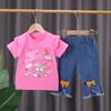 Venta al por mayor de ropa infantil transfronteriza, Conjunto de verano nuevo para niñas con camiseta de manga corta con estampado de unicornio y shorts de mezclilla suaves en stock