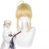 Peruca Cosplay Fate Saber Artoria de Tongchuan, Cabelo Dourado com Rabo de Cavalo Trançado