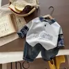 Ropa de Otoño para Bebé Niño Conjunto de Dos Piezas Polo a Cuadros Patchwork Sudadera con Capucha Falsa de Dos Piezas para Niño Pequeño Vaquero Casual