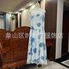 Yunnan Guizhou Planta Hecho a Mano Tie-Dye Tinte Azul Vestido Verano Tirantes Viaje Vacaciones Fotografía Cuello Vestido Largo
