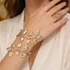 Conjunto de Pulsera y Anillo Metálico con Forma de Hoja Tridimensional Estilo Europeo y Americano, Pulsera Abierta Ajustable, Cadena Corporal para Mujer, Directo de Fábrica
