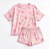 Roupa de Casa Verde Estilo Verão Desenho Animado Barra Franzida Manga Curta Shorts Pijamas Finos para Meninas Conjunto de Roupas para Ar Condicionado