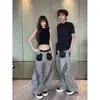 Jeans de pierna ancha unisex originales para otoño/invierno, estilo callejero americano, estampado de leopardo, patchwork, diseño de corte holgado, pierna curva, modernos