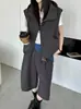 Chaleco de trabajo retro estilo coreano con capucha y bolsillos grandes para mujer, chaqueta sin mangas con cremallera versátil para primavera y otoño, para usar en capas