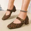 Zapatos de Mujer Cuadrados de Tacón Grueso de Gamuza 2026, Nuevos Zapatos de Abuela con Estampado de Leopardo para Otoño e Invierno con Correa Simple Mary Jane de Cuero