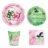 Mm342 Vajilla Verde Rosa Fiesta Set de 8 Piezas Plato de Papel Decorado con Lazo Vaso de Papel de Seda