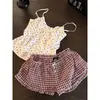 Pijama de camisola con cuello en V y pajarita estilo coreano para mujer, conjunto de shorts a cuadros de verano, adecuado para salir o como ropa de casa, estilo ins