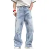 Nuevos jeans de mezclilla rasgados y salpicados de otoño para hombre, estilo coreano, cintura media de moda, pierna ancha holgada, pantalones largos rectos geniales