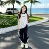 Conjunto de Camiseta de Manga Corta con Bloques de Color para Niña de Verano, Atuendo para Estudiante de Secundaria, Conjunto de Dos Piezas de Verano con Pantalones Anchos Deportivos Rayados