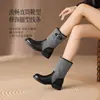 Botas de montaria de lona retrô da moda de cano médio para mulheres, nova coleção de outono de 2026, com sola fina, salto grosso, bico redondo, botins estilo workwear