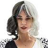 Peruca Cruella Preto e Branco de Fibra de Alta Temperatura, Peruca Cosplay Cruella, Cabelo Médio Cruella de Dálmata