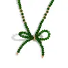 Moda Europeia e Americana Estilo Fresco Elegante Pingente Contas de Aço Inoxidável Feito à Mão Cristal Verde Lapidado Colar com Laço Mulheres