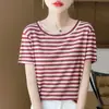 Top de punto de Lyocell a rayas de bloques de color para verano, cuello redondo, manga corta, estilo coreano, top a rayas simple para mujer para usar como capa exterior