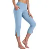 Calça de Yoga Feminina de Cintura Alta com Bolsos e Fenda na Panturrilha, Stretch, Modeladora, Shorts para Esportes ao Ar Livre