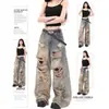 Calça jeans feminina em estilo designer com efeito desgastado, jeans reto casual loose retro americano rasgado