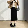 Falda Midi de Mezcla de Lana Negra Talla Grande con Abertura para Mujer Otoño/Invierno Cintura Alta Adelgazante Cubre Cadera Falda Lápiz de Longitud Media Línea A