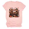 Camiseta feminina da Amazon Wish, transfronteiriça europeia e americana, de caimento solto, com estampas de bezerro de três cabeças, abóbora em carroça e folha de bordo, gola redonda, mangas curtas