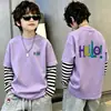 Camiseta de Manga Larga con Parches Rayados para Niños, Falsa Dos Piezas, Capa Base de Algodón Puro, Primavera Otoño 2026 Nuevas Llegadas, Ropa para Niños Medianos y Grandes