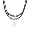 Collar de PU hecho a mano con colgante de hoja retro europeo y americano, madera de ala de pollo, multicapa, extraíble, pulsera tejida de cuero de estilo artístico