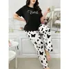 Ropa de Casa Estilo Europeo Tallas Grandes, Extra Grande y Amigable para Personas con Sobrepeso, Estampado de Corazones, Cuello Redondo, Manga Corta, Pantalones Largos, Pijama, Ropa de Estar por Casa, Se Puede Usar Afuera, Mujer