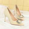 3265-K71 Moda Elegante Tacones Altos Zapatos de Tacón de Aguja con Pedrería y Hebilla Cuadrada de Boca Baja para Mujer Zapatos de Punta de Gama Alta para Mujer